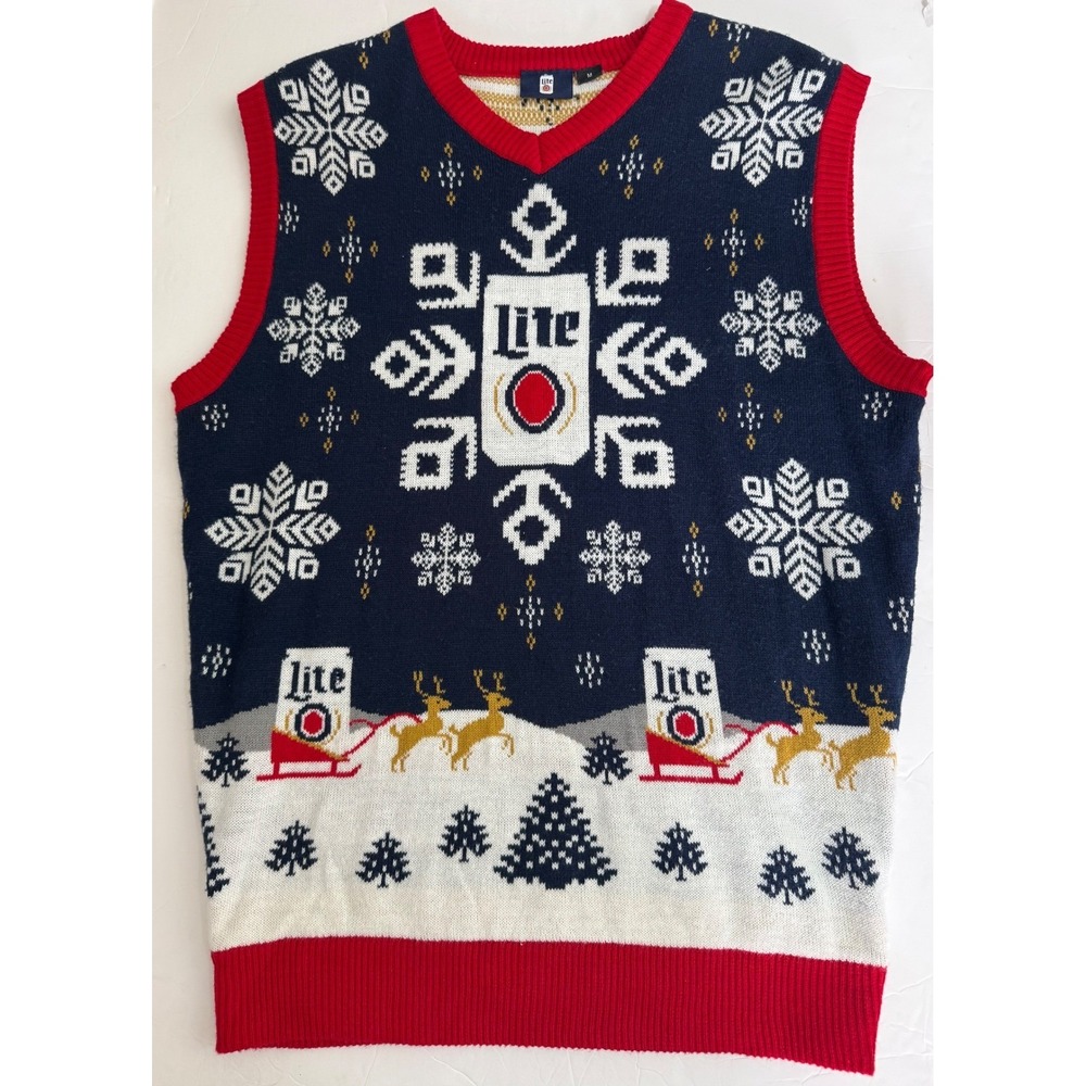 Miller Lite Beer Ugly Christmas Sweater Vest Navy Blue Reindeer Snowflake Mens M